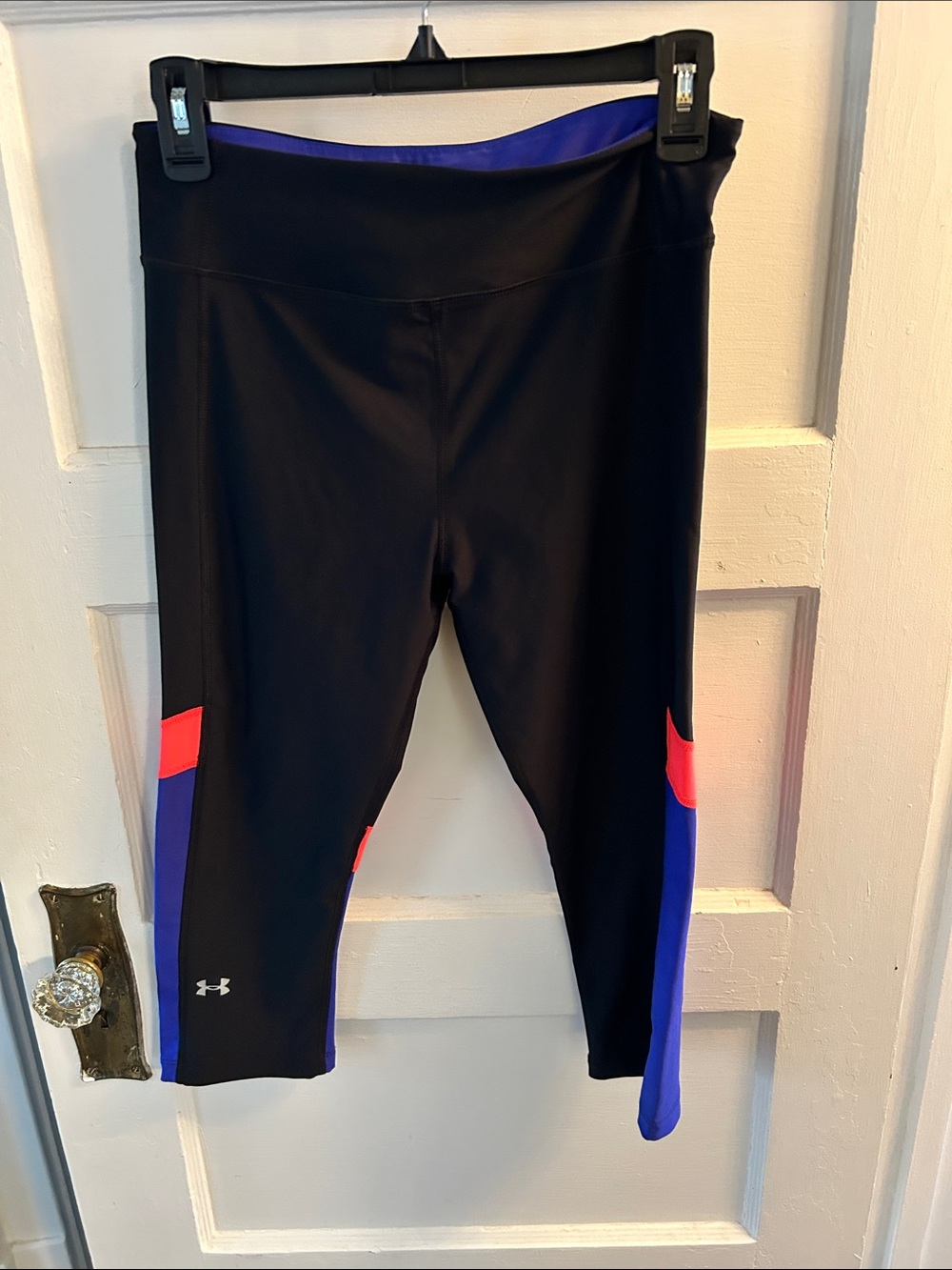 Under Armour Black Cropped Leggings with Blue and Red Panels